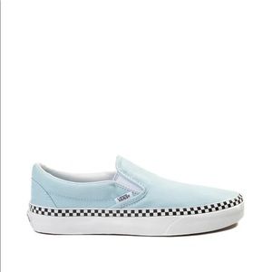 baby blue slip on vans with checkered stripe